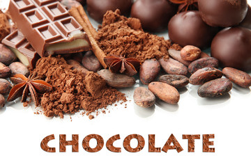 Composition of chocolate sweets, cocoa and spices, isolated
