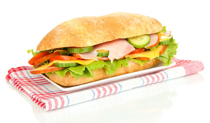 Fresh and tasty sandwich with ham and vegetables isolated