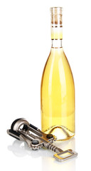 Corkscrew and bottle of wine isolated on white