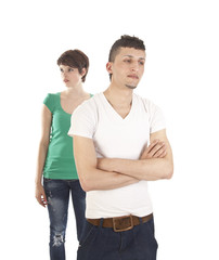 Young man and woman arguing isolated on white background