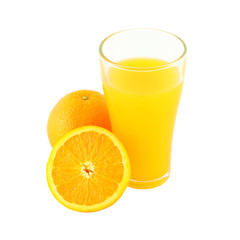 Glass of orange juice and riped fruit side on white background.