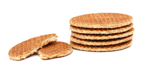 Stroopwafels, Dutch caramel waffles piled up, with one broken in