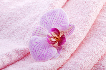 luxury wellness towel with pink orchid flower
