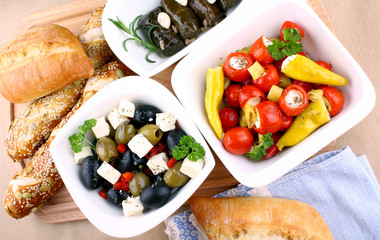 Mediterranean antipasto with ciabatta, top view