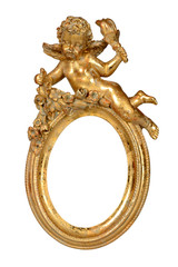 Oval baroque gold frame with cupid isolated with clipping path.