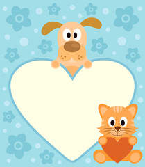 Background card with funny cartoon dog and cat