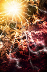 Heavy clouds bringing thunder, lightnings and storm.