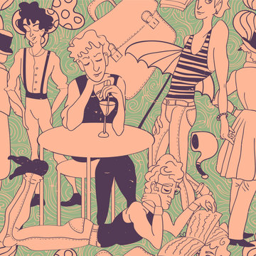Retro seamless pattern with drawn people