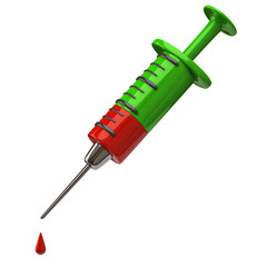 Stylized injection syringe and red drop