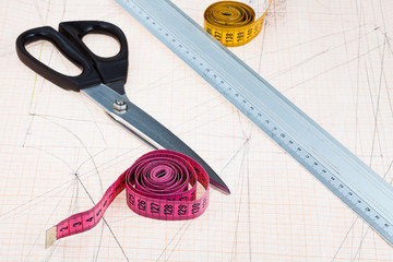 dress pattern at graph paper and fitter instruments