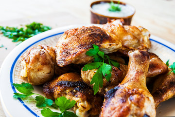 Baked Chicken legs board table wooden meat food roast grilled