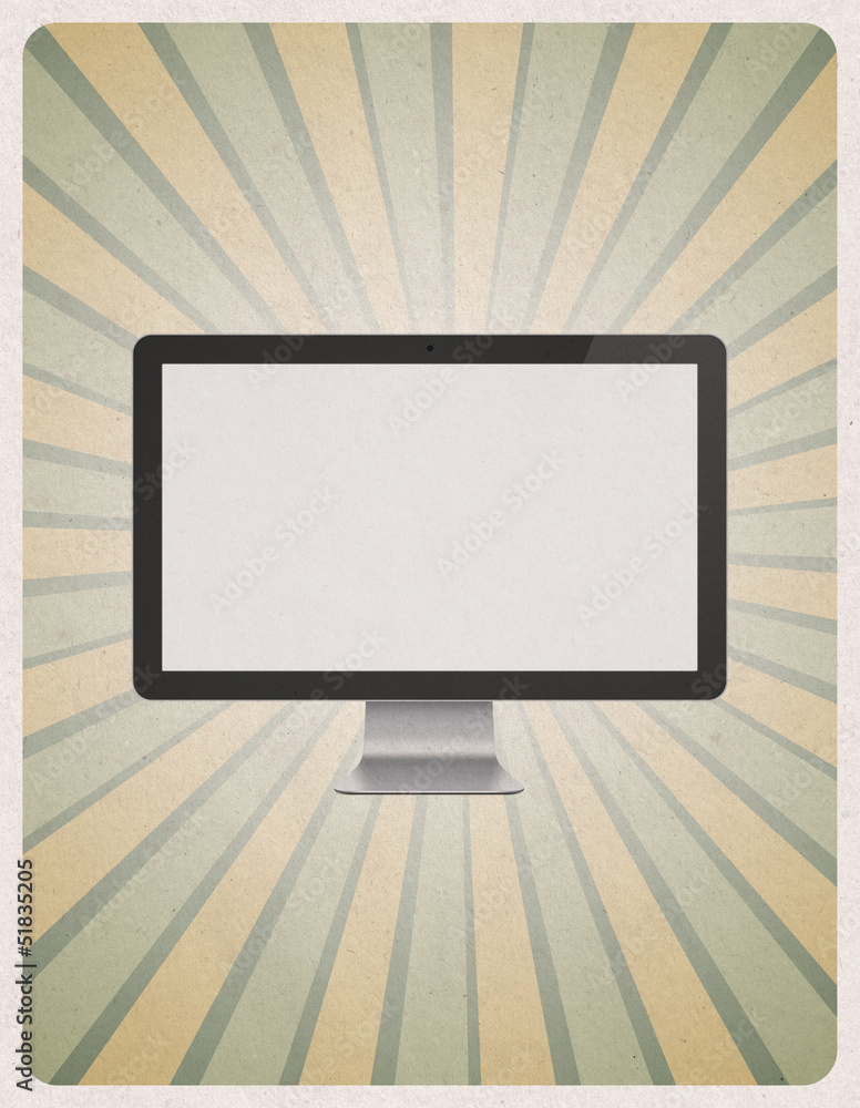 Poster modern computer monitor on retro background