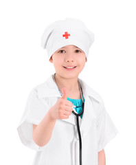 Smiling little doctor showing thumb up