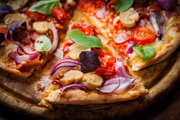 Homemade pizza with dried tomatoes and salami