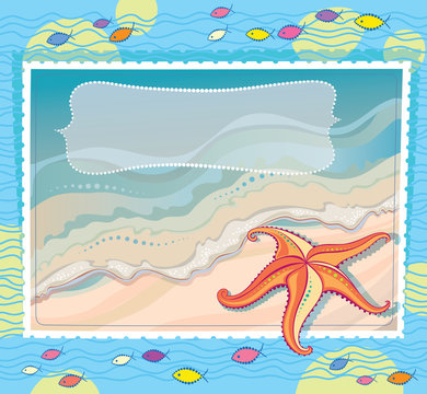 Orange starfish on a sea background