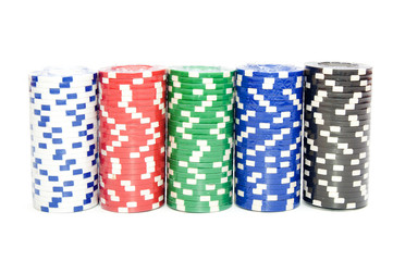 Stack of a poker chips on white background
