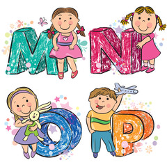 Obraz na płótnie Canvas Funny alphabet with kids MNOP