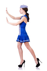 Woman in costume pushing virtual obstacle