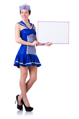 Stewardess with blank board on white