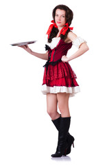 Bavarian girl with tray on white