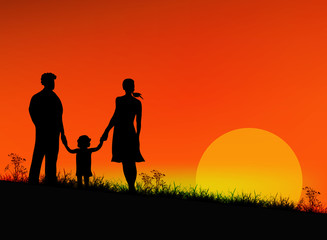 Fototapeta na wymiar Happy Family on a sunset background.Earth day. Vector