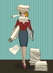 Woman office worker with stack of documents
