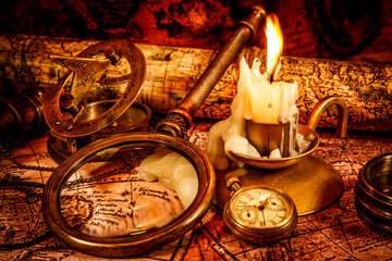 Vintage still life. Vintage items on ancient map.
