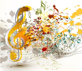 Art ornate treble clef with colorful splash, staves and notes fo