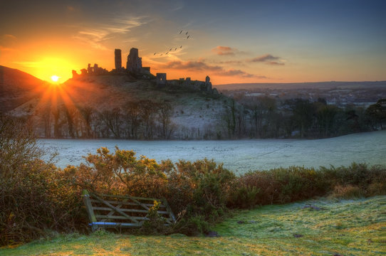 Castle ruins Winter sunrise.