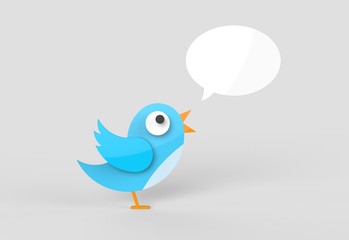 Cute twitter bird tweeting a message. Blank speech bubble. - obrazy, fototapety, plakaty