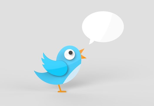 Cute twitter bird tweeting a message. Blank speech bubble.