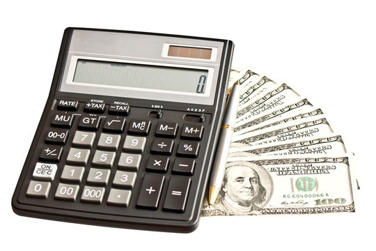 Business picture: money and calculator over white
