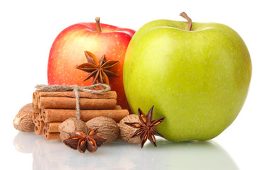 Cinnamon sticks, apples, nutmeg and anise isolated on white