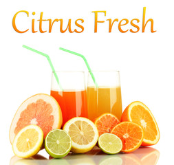 Lots ripe citrus with juices isolated on white
