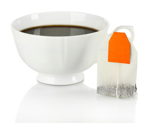 Cup of tea with tea bag solated on white.