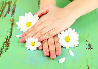 Woman hands with pink manicure and flowers, on color background