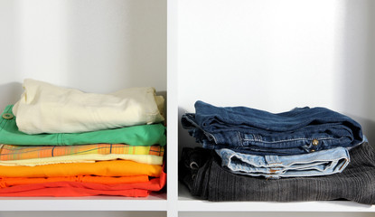 Clothes neatly folded on shelves