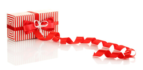 Present box with ribbon curl isolated on white