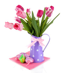 Easter composition with fresh tulips and easter eggs isolated