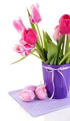 Easter composition with fresh tulips and easter eggs isolated