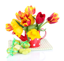 Easter composition with fresh tulips and easter eggs isolated