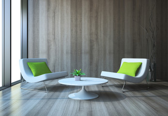 Modern interior with armchairs and coffee table