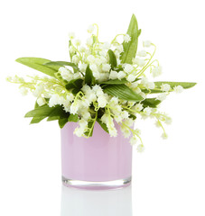 Beautiful lily of the valley in vase isolated on white