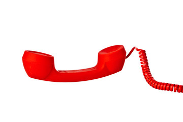 red oldtelephone receiver on white background - obrazy, fototapety, plakaty