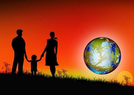 Happy young Family and globe planet Earth.Earth day.Vector