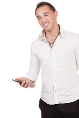 Happy Asian young man holding a cell phone