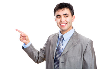 Business man pointing to white background
