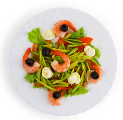 dish meal and shrimp salad a olives isolated on white background