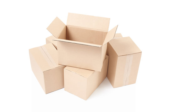 Cardboard box open group on white, clipping path