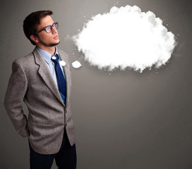 Young man thinking about cloud speech or thought bubble with cop